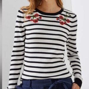 LOFT Striped Pull Over Sweater Floral Embroidery
